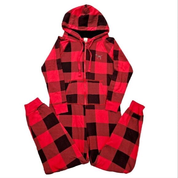 Victoria Secret PINK Red Buffalo Plaid Hooded Sherpa Long Jane One-Piece PJ XS - Picture 2 of 7